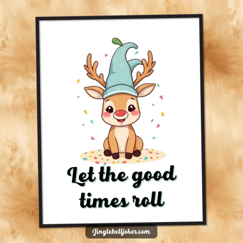 Funny reindeer poster art of a happy reindeer wearing a jester hat, spilling colorful confetti.