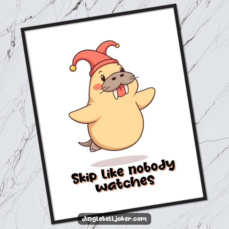 Funny Walrus Poster: Cheerful walrus in a jester hat doing a playful skip, whimsical wall decor.