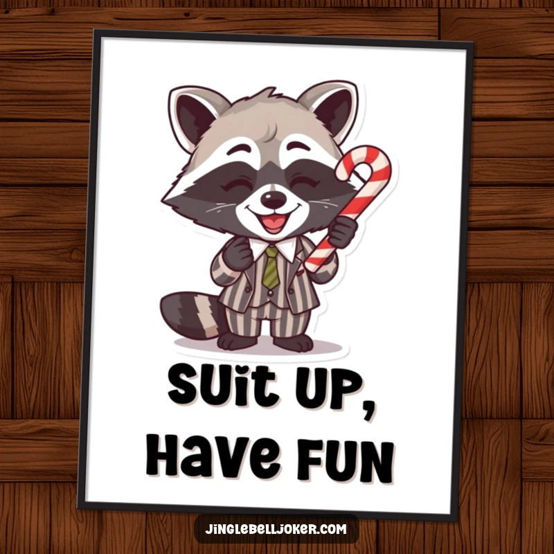 Funny Poster: A gleeful raccoon in a striped suit comically balances a candy cane on its nose, a whimsical scene.