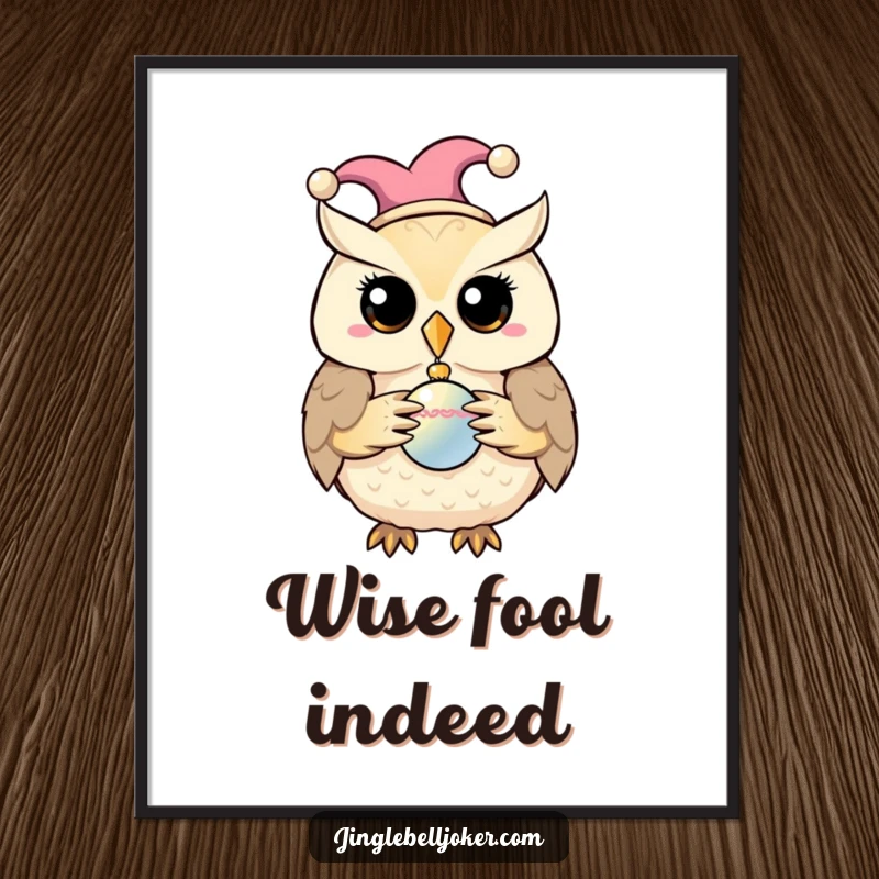 Funny poster of a wise owl in a jester cap holding a shiny bauble, bringing whimsical humor.