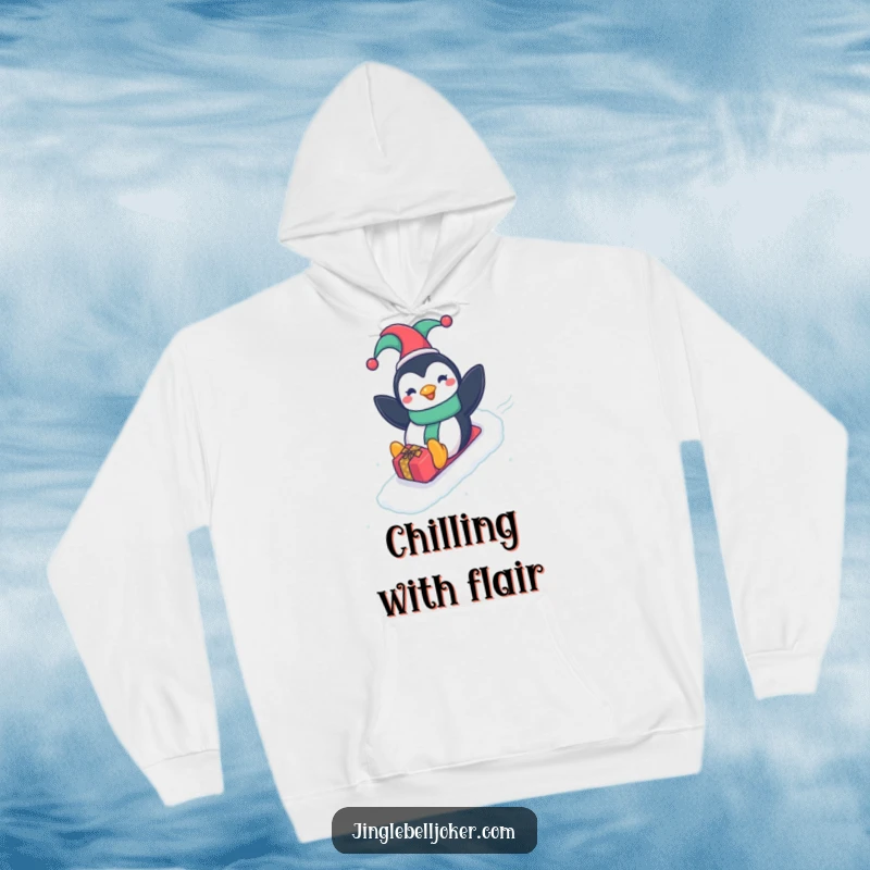 Funny Penguin Jester Hoodie, depicting a happy penguin with a jester hat, sliding down a gift-wrapped slope, offering warmth and humor.