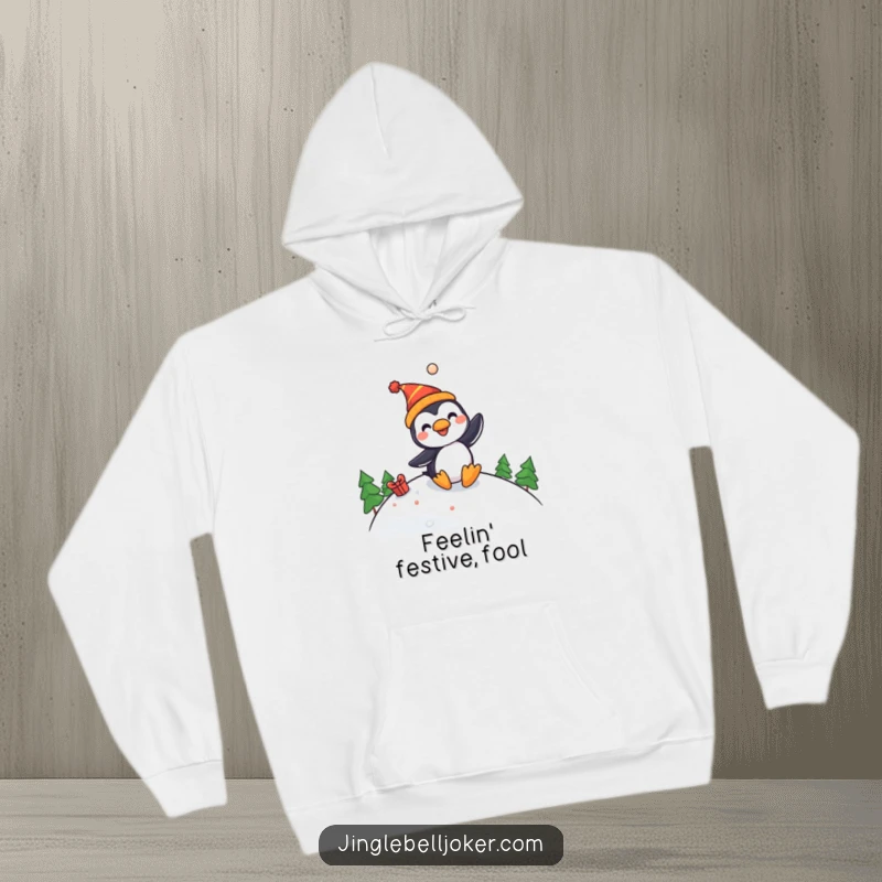 Funny hoodie depicting a happy penguin jester on a festive slope, perfect for cozying up with laughter this winter season.