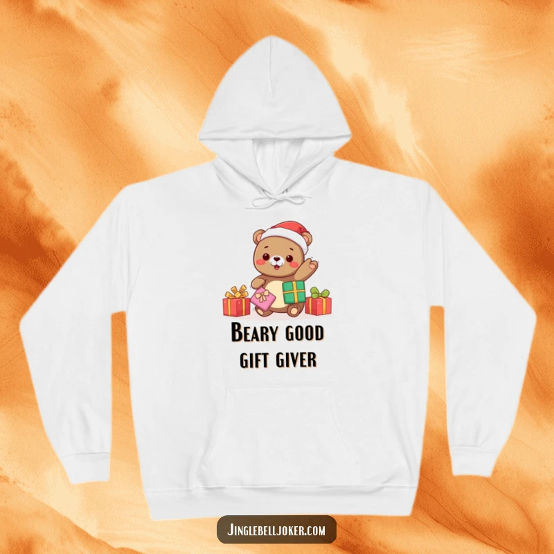 Funny kawaii bear in Santa hat juggling presents energetically, a warm hoodie perfect for Christmas and spreading festive humor.