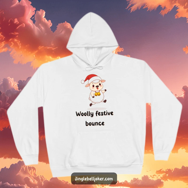 Funny Kawaii Santa Sheep Hoodie: A cute sheep dressed as Santa, happily skipping with jingle bells, perfect for comfort.