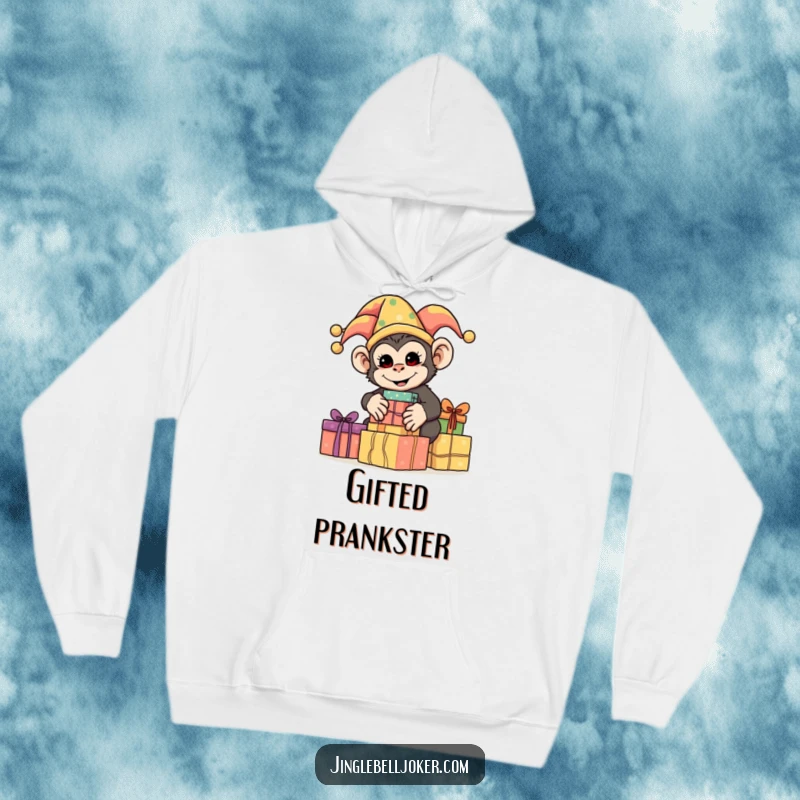 Funny Monkey Jester Hoodie, a silly monkey dressed as a jester, stacking brightly wrapped presents, perfect for cozy and humorous wear.