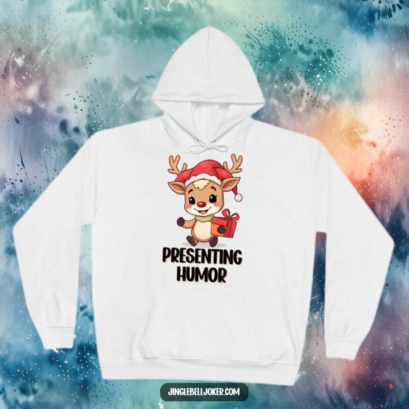Funny hoodie graphic of a grinning reindeer character in a jester hat, holding a present, exuding festive mischief and holiday joy.