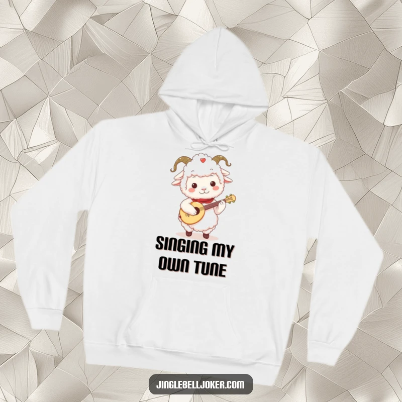 Funny Sheep Jester Hoodie: Fluffy sheep with a jester collar, playing a tiny festive lute, cozy musical comfort.