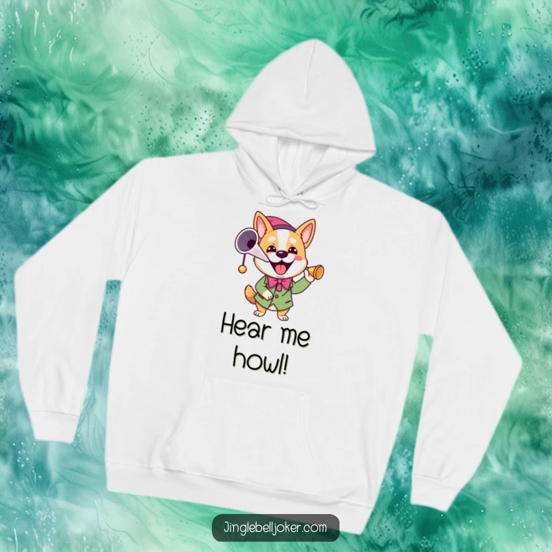 Funny Joker Dog Hoodie: A dog in a joker outfit happily blows a horn, offering warmth and humor.