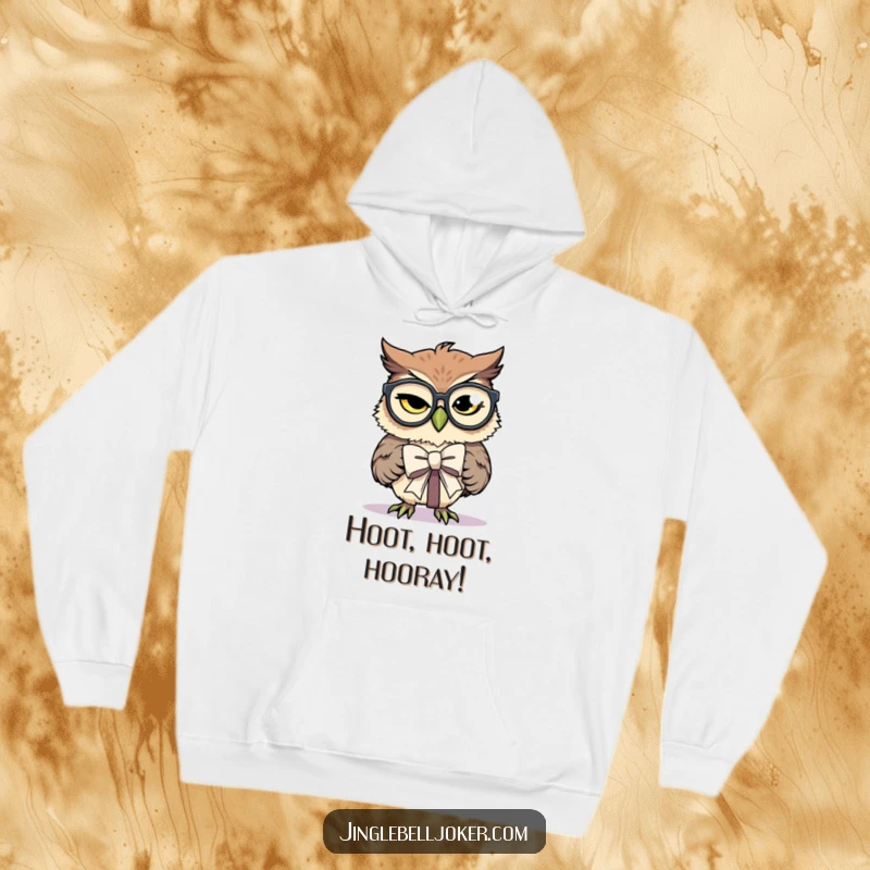 Funny Hoodie: A winking owl with oversized spectacles humorously attempts to tie a bow on a gift.