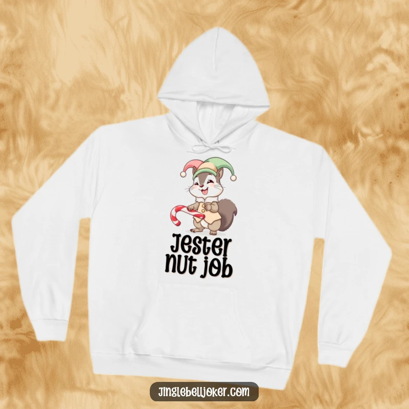 Funny hoodie print of a giggling squirrel in a jester outfit, comically trying to balance a candy cane, perfect for cozy humor.