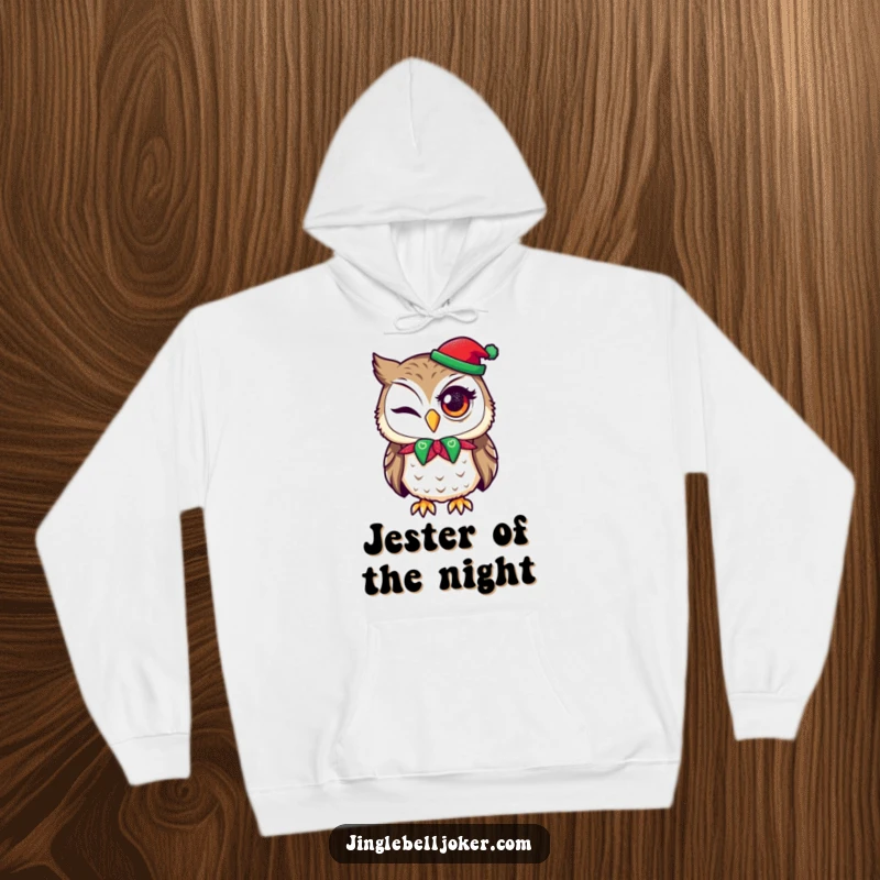 Funny hoodie design of an owl in a jester collar attempting a wink with holiday glitter, perfect for warmth.