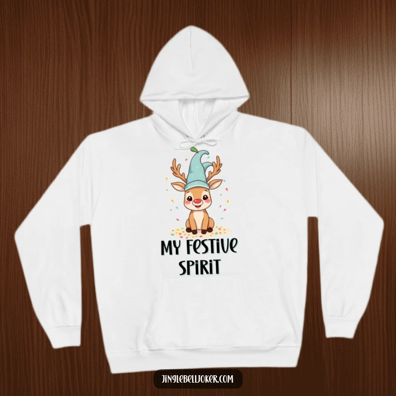 Funny reindeer hoodie showcasing a happy reindeer wearing a jester hat, spilling colorful confetti.