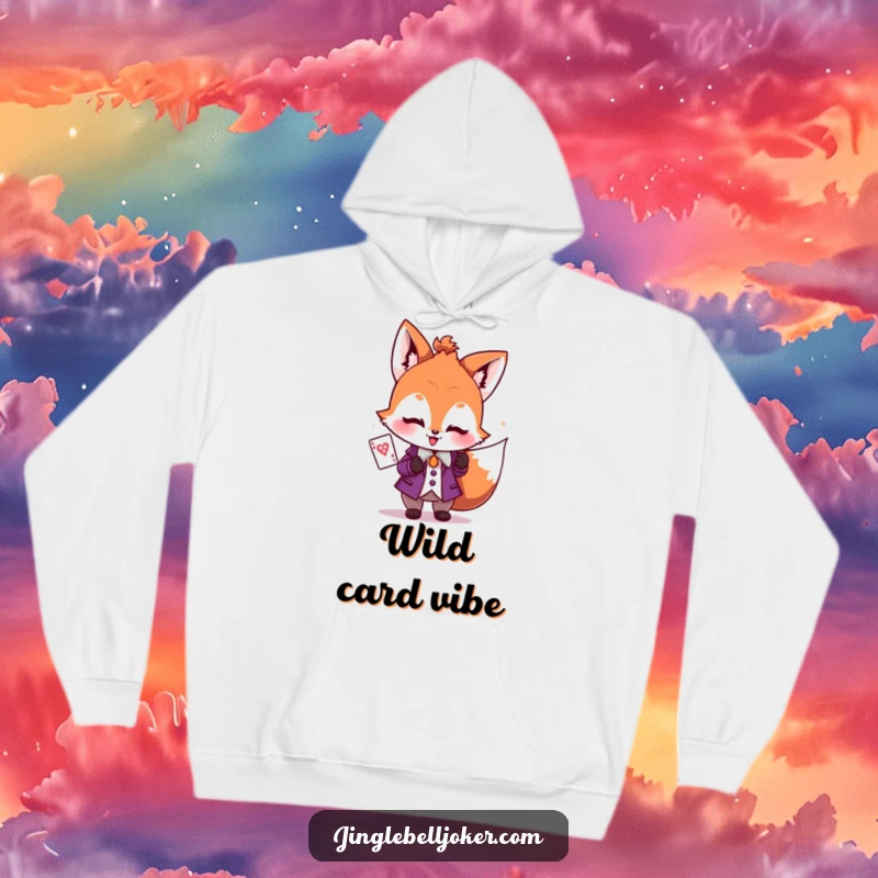 Funny hoodie with a blushing fox dressed as a joker, holding a sparkly playing card, perfect for game nights.