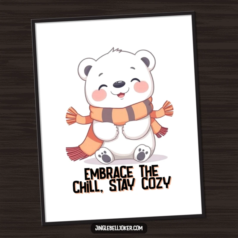 Funny Free Printable Wall Art: A giggling polar bear character joyfully embraces a cheerful, festive scarf.