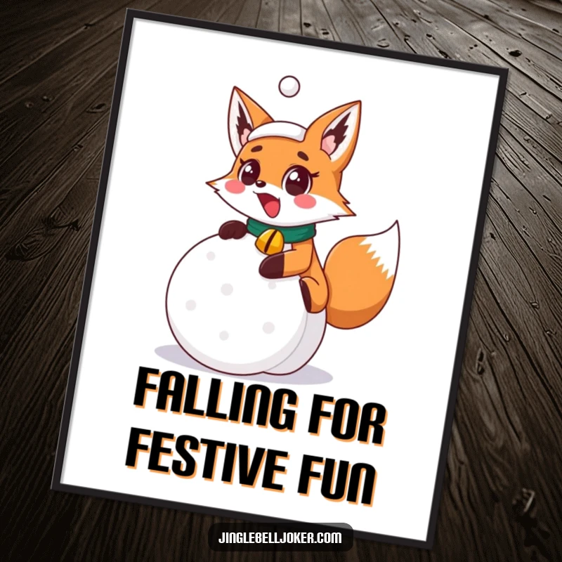 Funny Free Printable Wall Art: A surprised fox with a jingle bell collar is slipping on a festive snowball, comical winter scene.