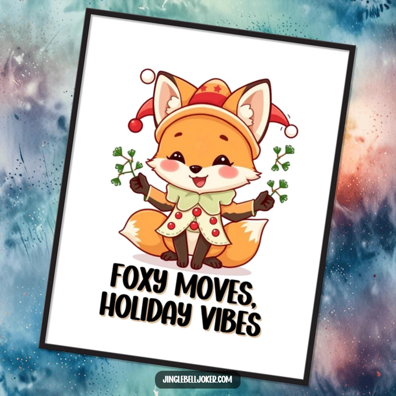 Funny Free Printable Wall Art: Joyful fox in jester attire, skillfully juggling mistletoe sprigs, adding a festive and whimsical touch to decor.