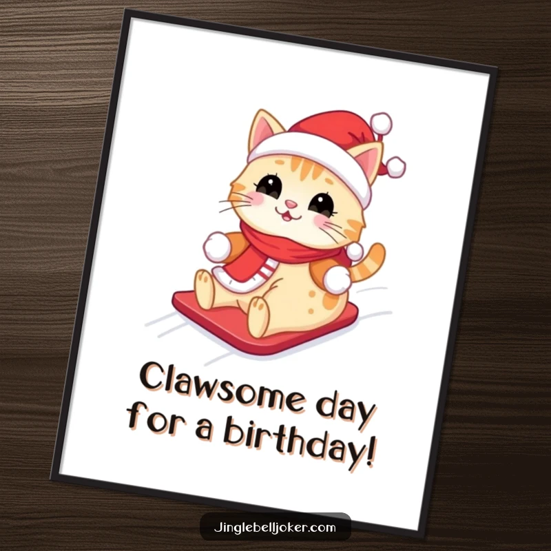 Funny Free Printable Wall Art: Kawaii cat dressed as Santa happily descending a snowy hill, full of winter joy.