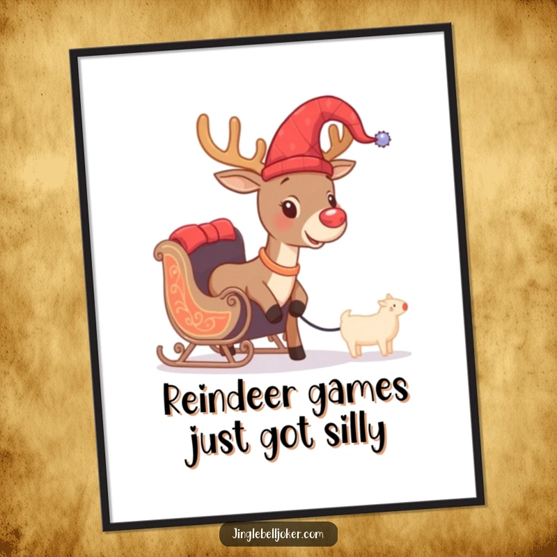 Funny Free Printable Wall Art: A brave reindeer in a jester hat valiantly pulling a comically undersized sleigh, bringing festive cheer.