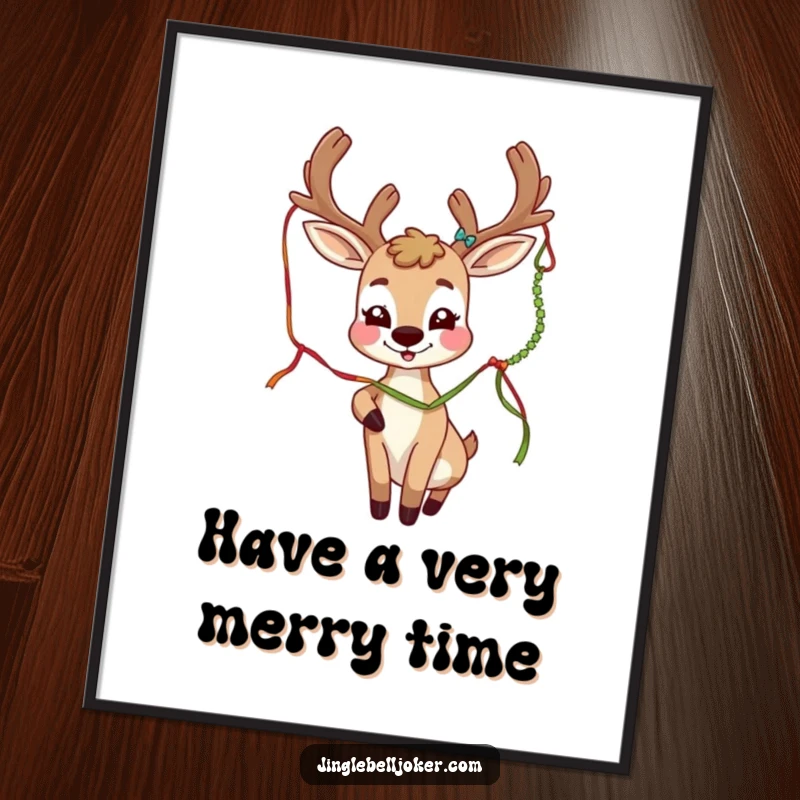 Funny Free Printable Wall Art: A playful deer joker with festive antlers enthusiastically bats at a dangling tinsel strand.