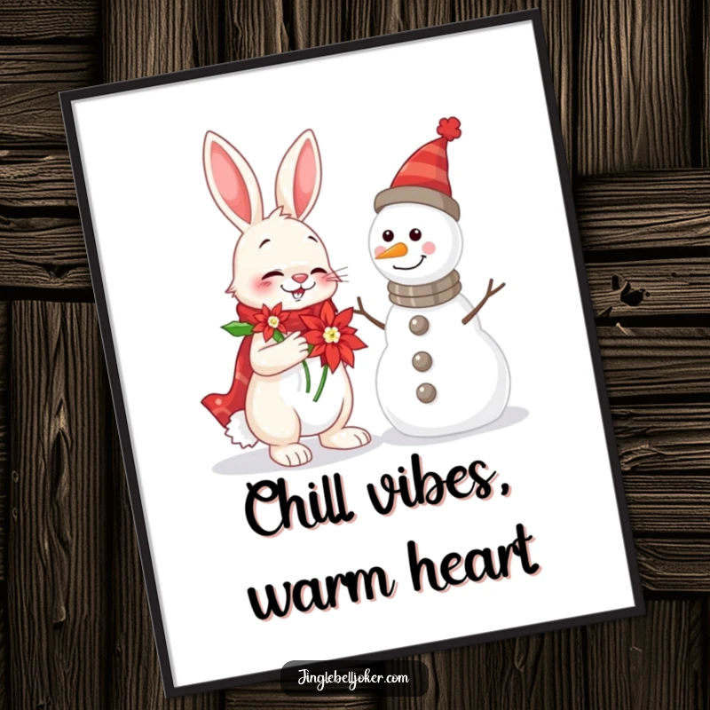 Funny Free Printable Wall Art: Cheerful rabbit in a poinsettia serenading a snowman, a whimsical holiday scene full of humor.