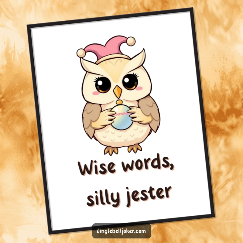 Funny free printable wall art of a wise owl sporting a jester cap and holding a shiny bauble, adding playful decor.