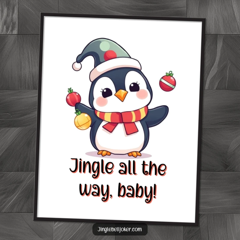 Funny Free Printable Wall Art: Cute penguin in a jester hat juggling colorful Christmas ornaments, whimsical festive cartoon art.