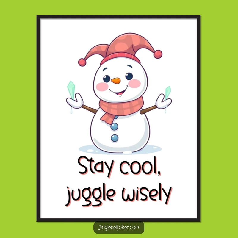 Funny Free Printable Wall Art: Jester Snowman Juggling Icicles, Hilarious Winter Home Decor