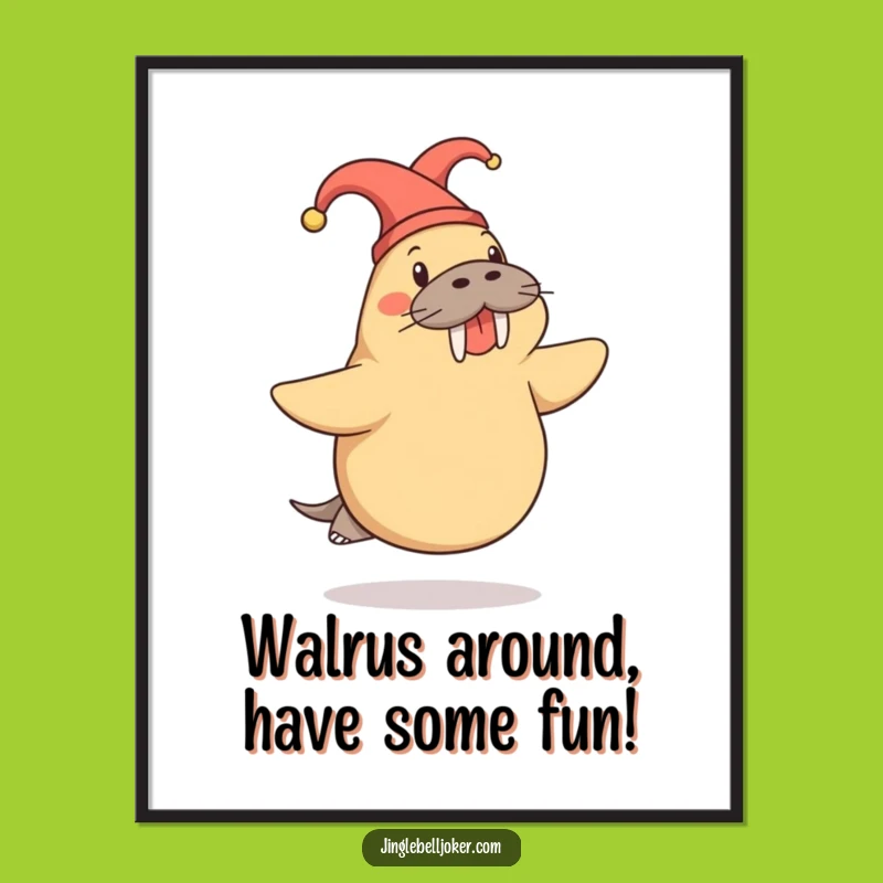 Funny Free Printable Wall Art: Jester Walrus Skipping, Hilarious Downloadable Home Decor Gift