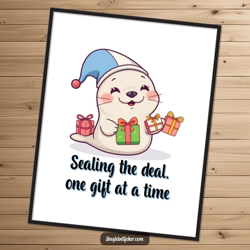 Funny Free Printable Wall Art: A jester seal comically juggling gifts, adding playful humor to any room.