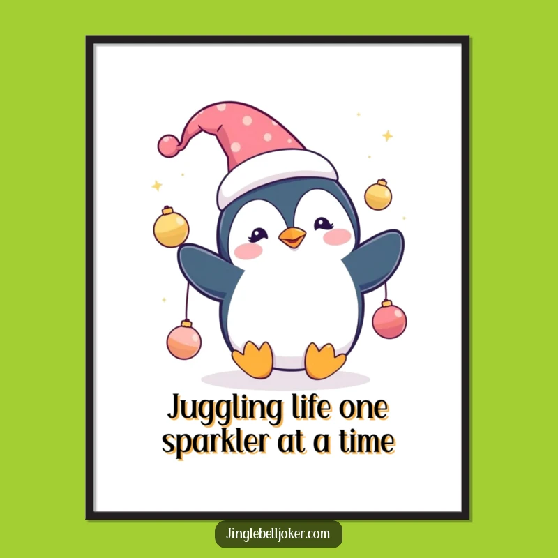 Funny Free Printable Wall Art: Penguin Jester Juggling Ornaments, Downloadable Quirky Decor