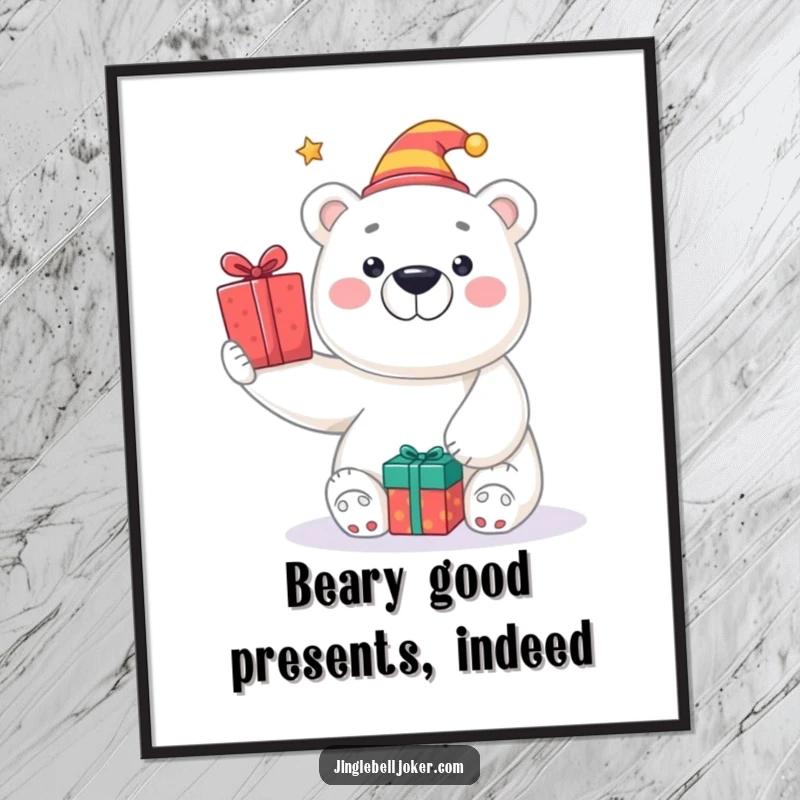 Funny free printable wall art: A smiling polar bear wearing a jester hat is in mid-air, tossing wrapped presents. So festive!