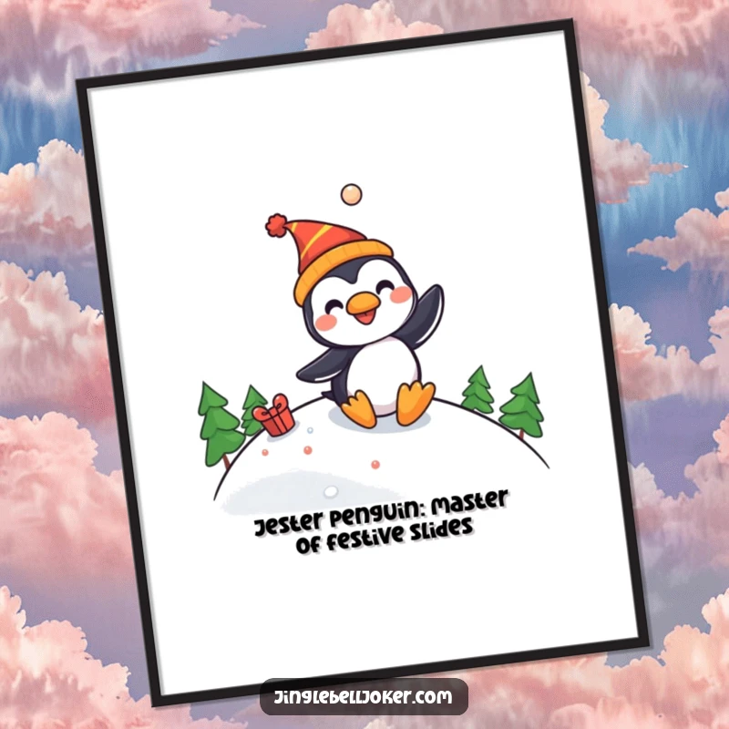 Funny free printable wall art: a jovial penguin in a jester hat slides down a vibrant, festive slope, bringing smiles.