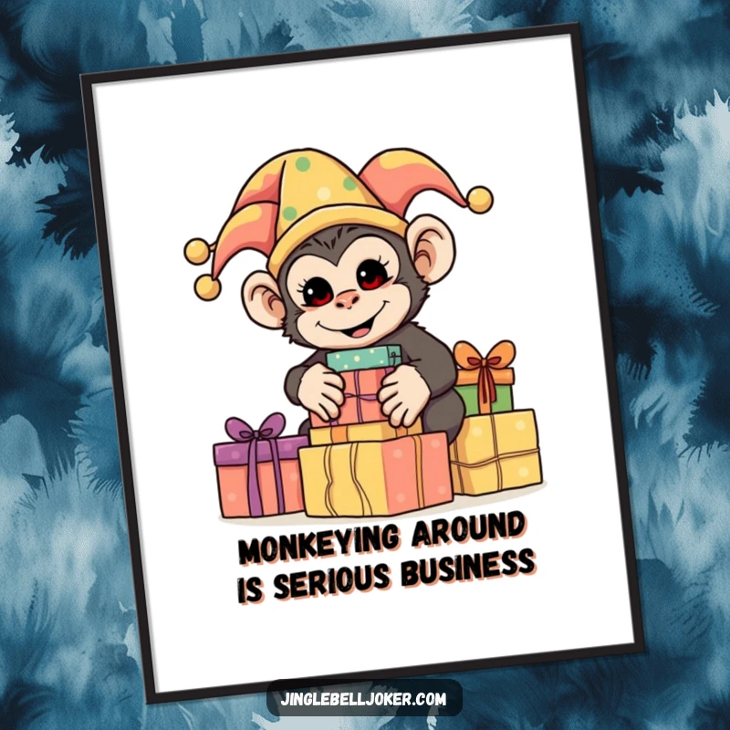 Funny Free Printable Wall Art: Silly monkey in jester attire, energetically stacking brightly wrapped presents, adding playful and whimsical charm to decor.