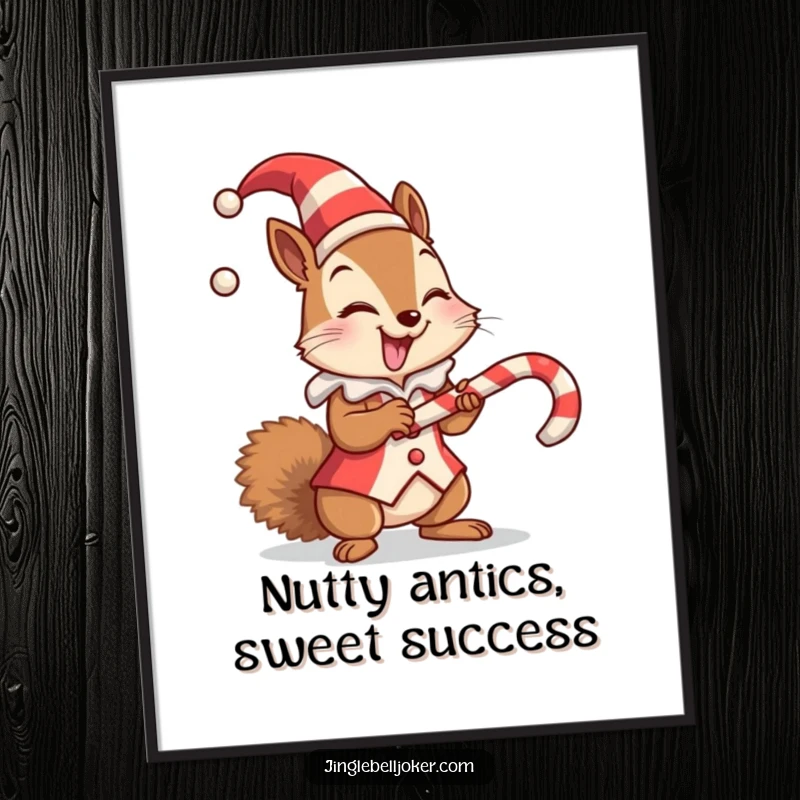 Funny Free Printable Wall Art: A small squirrel in a jester suit gleefully balances a large candy cane.