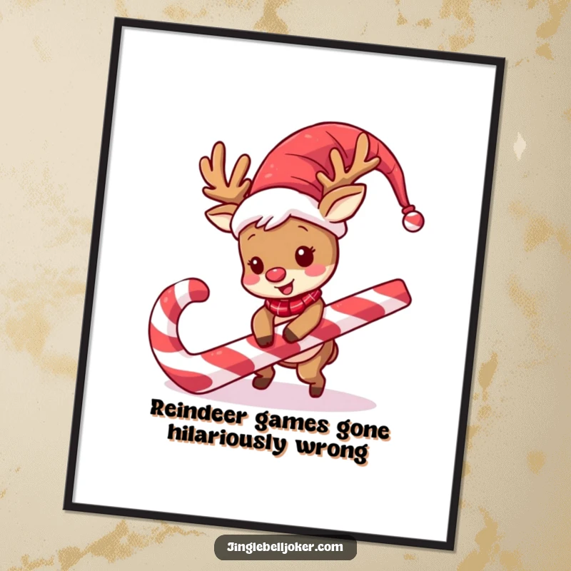 Funny Free Printable Wall Art: A happy reindeer wearing a jester wig trips comically over a giant candy cane.