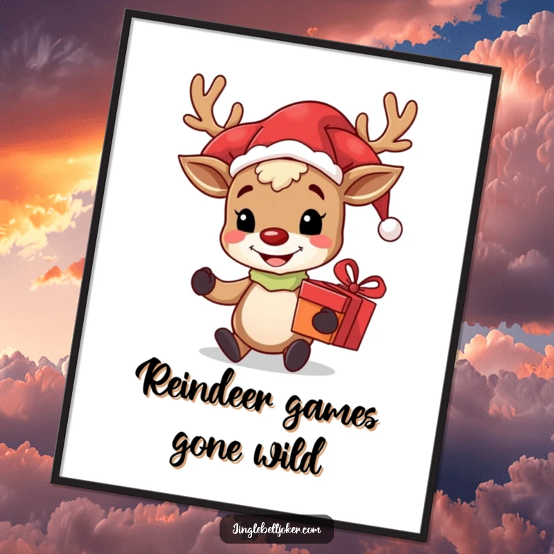 Funny Free Printable Reindeer Jester Wall Art: A grinning reindeer in a jester hat, playfully holding a gift.