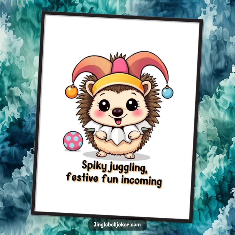 Funny Free Printable Wall Art: Jester hedgehog in mid-juggle, a burst of color and quirky charm for your decor.