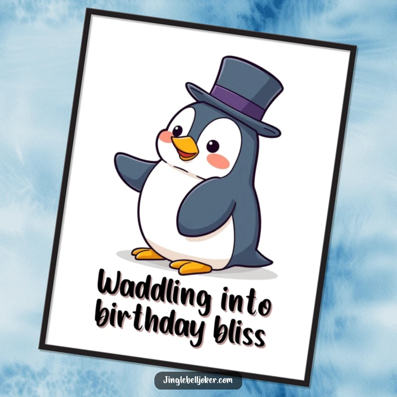 Funny Free Printable Wall Art: A cute penguin is caught mid-wobble while trying to keep a very tall hat balanced.