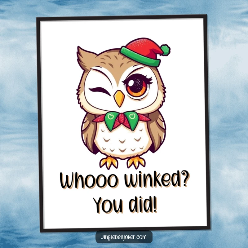 Funny Free Printable Wall Art: An owl in a jester collar playfully winks amidst holiday glitter.