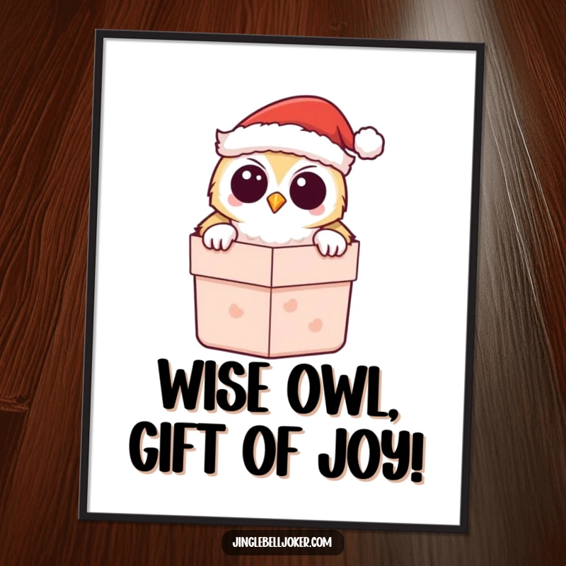 Funny Free Printable Wall Art: A kawaii owl in a Santa hat peeks from a gift box, bringing festive cheer and cuteness to your room.