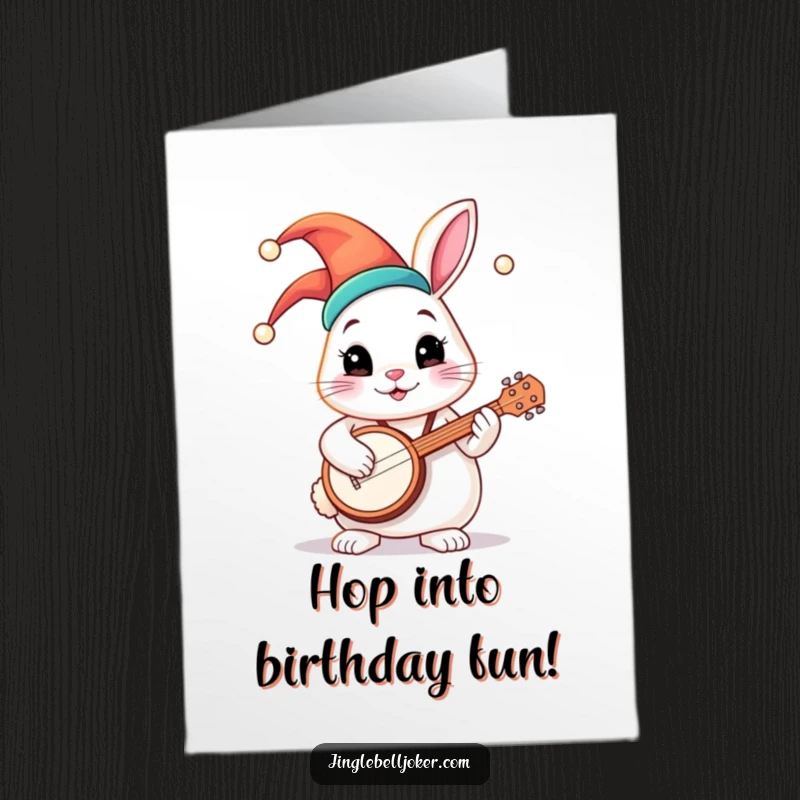 Funny Free Printable Birthday Card: Round bunny in a colorful jester hat joyfully plays a tiny banjo, a whimsical DIY gift.