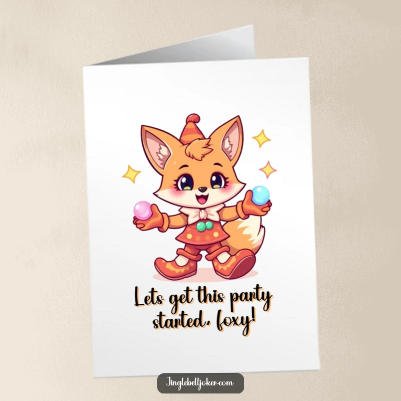 Funny Free Printable Birthday Card: A cheerful fox in oversized jester shoes, juggling bright, glowing orbs with playful energy.