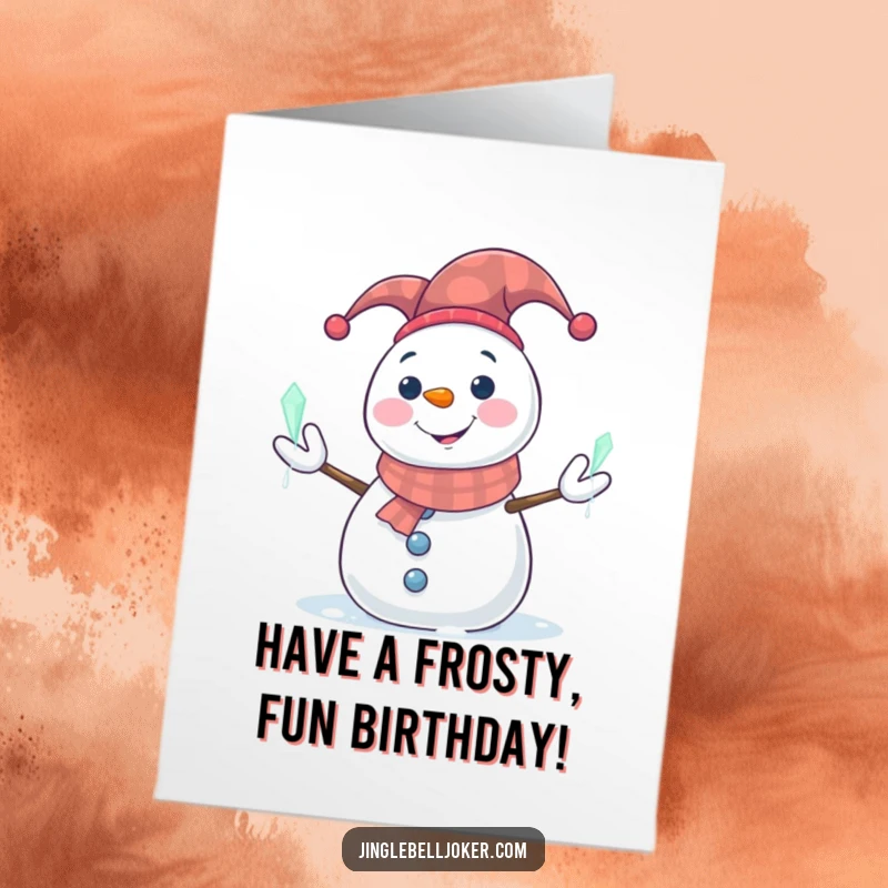 Funny Free Printable Birthday Card: Smiling snowman in a jester hat juggling glowing icicles, a whimsical winter birthday card.