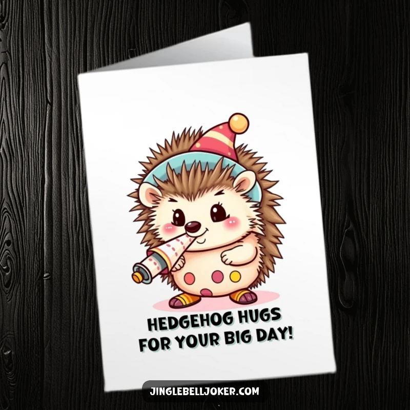 Funny Free Printable Birthday Card: Kawaii hedgehog in clown attire enthusiastically blowing a loud party horn.