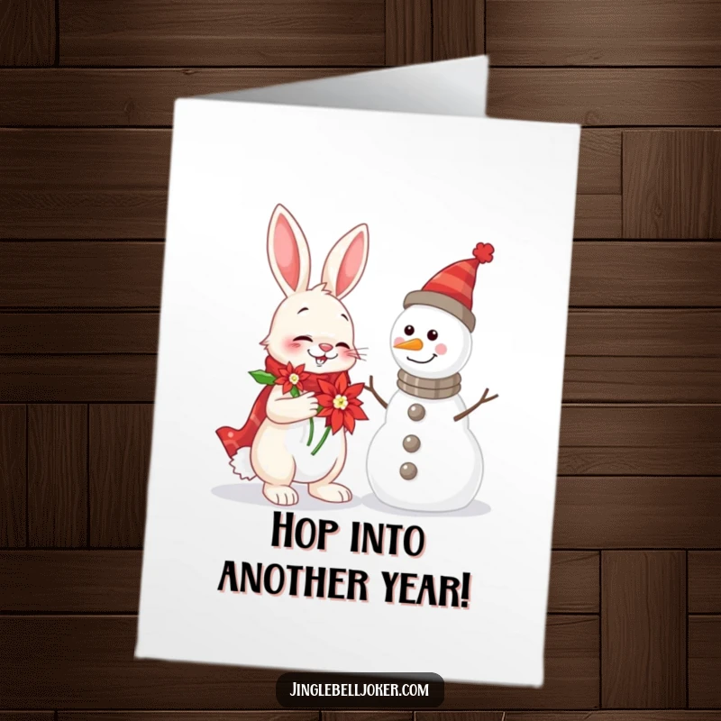 Funny Free Printable Birthday Card: Cheerful rabbit in a poinsettia hat serenading a snowman with holiday absurdity.