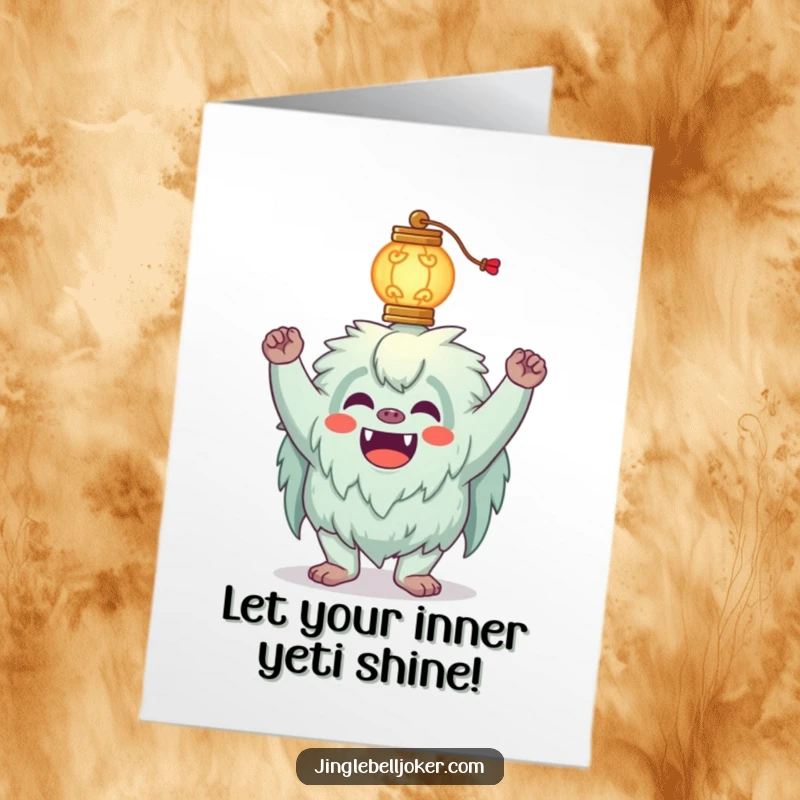 Funny Free Printable Birthday Card: Silly yeti joker humorously balancing a glowing lantern precariously on its head.