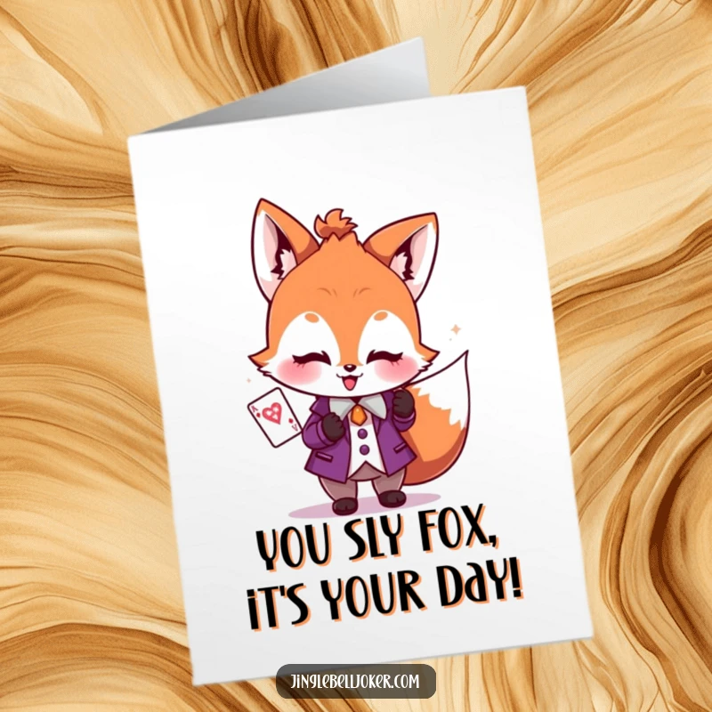 Funny Free Printable Birthday Card: Blushing fox dressed as joker holds a sparkly playing card, wishing fun.