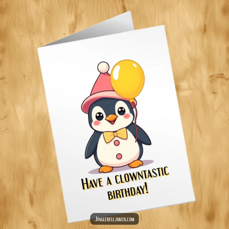Funny Free Printable Birthday Card: A kawaii penguin dressed as a clown holds a bright balloon. Perfect DIY gift.