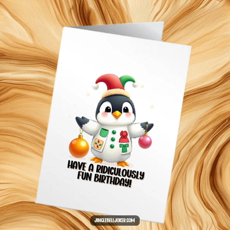 Funny Free Printable Birthday Card: Penguin in a jester hat juggling Christmas baubles, festive and comical.