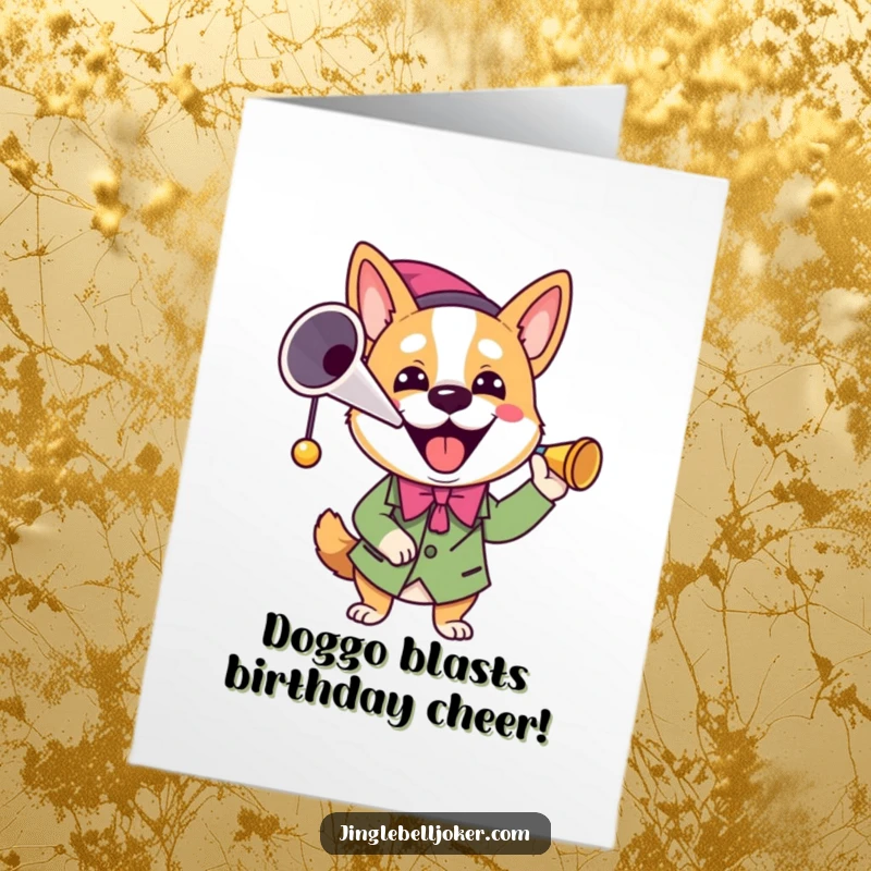 Funny Free Printable Joker Dog Birthday Card: Joyful dog dressed as joker enthusiastically blows party horn.